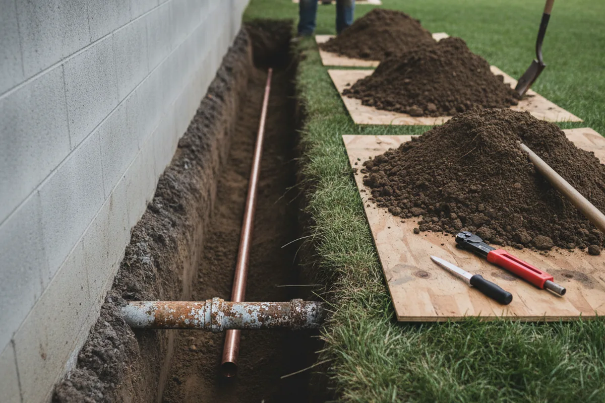 Excavated water line trench during Water Softener Installation in Newbern